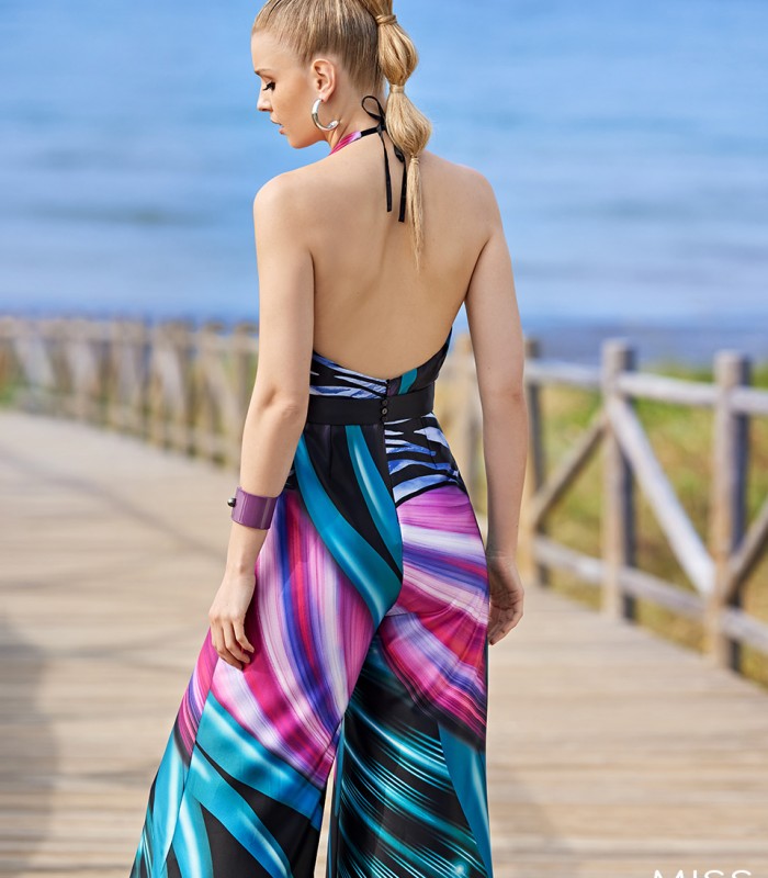 Long multicolored jumpsuit tied at the neck