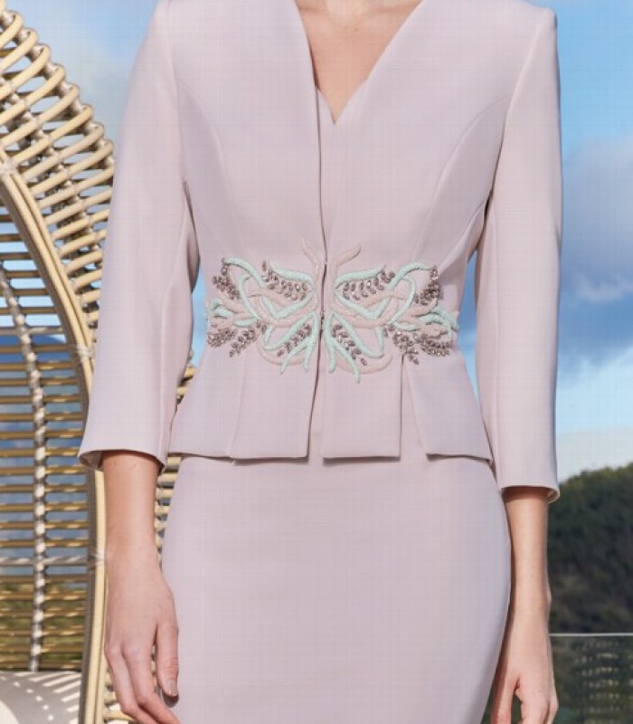 Set of embroidered jacket and straight dress with V-neckline