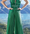 Halter neckline pleated maxi jumpsuit with feather detail and rhinestones
