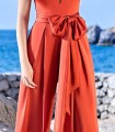 Halter neckline sleeveless long jumpsuit with rhinestones and bow