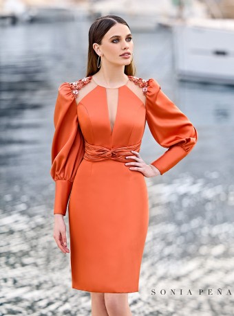 Short tube dress with illusion neckline and gigot sleeves