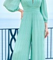 Long draped jumpsuit with illusion neckline and embroidery on the shoulders