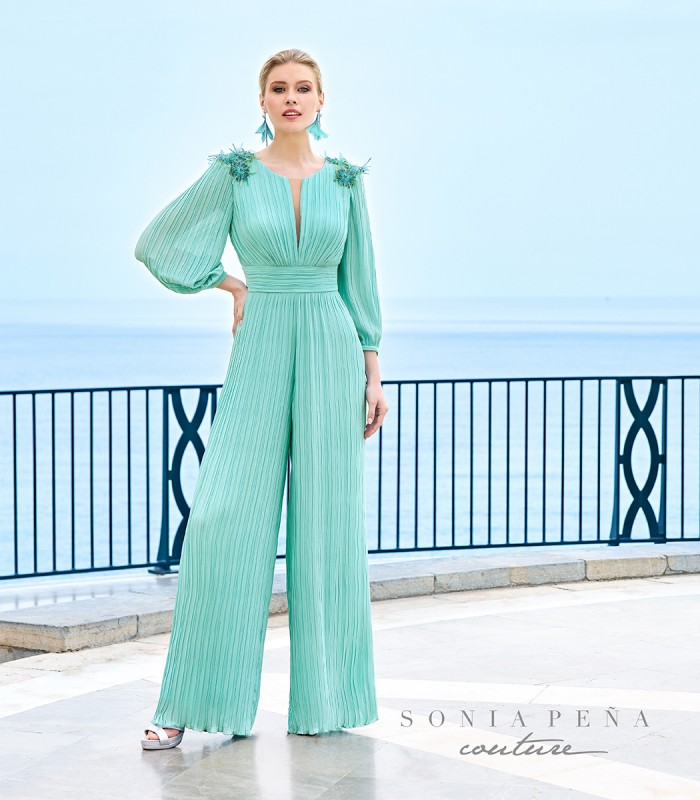 Long draped jumpsuit with illusion neckline and embroidery on the shoulders