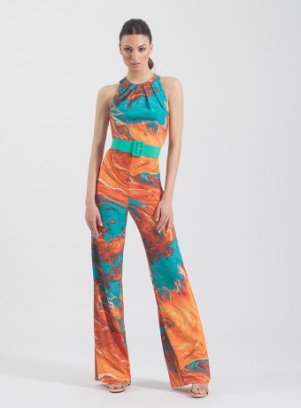 Sleeveless printed long jumpsuit with straight cut and Halter neckline