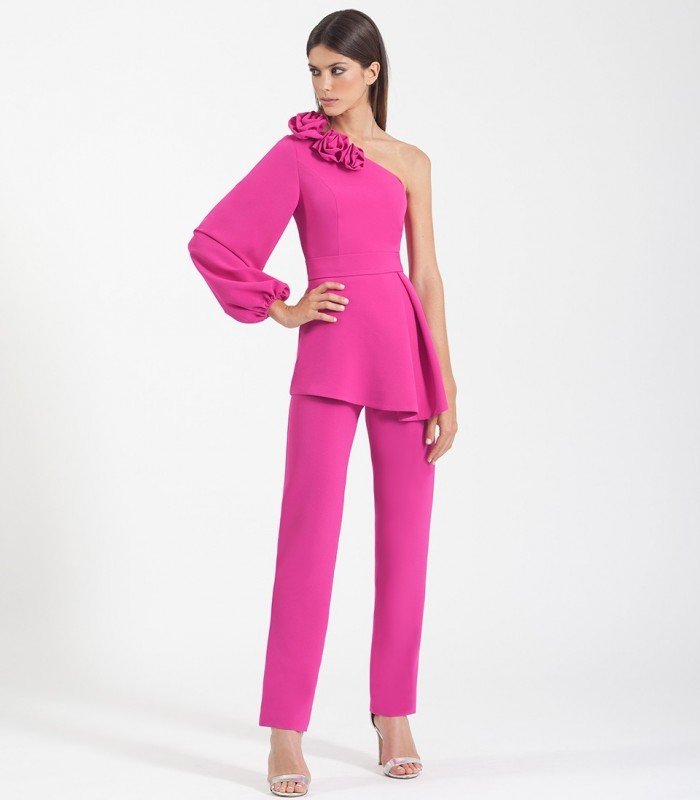 Set of asymmetric blouse with peplum and straight pants