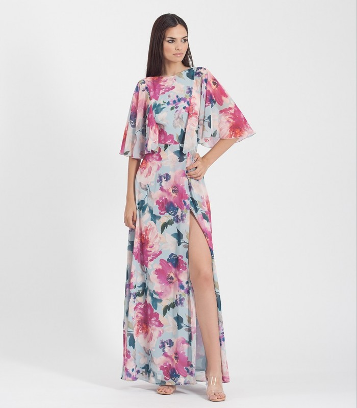 Long printed dress with opening and open back