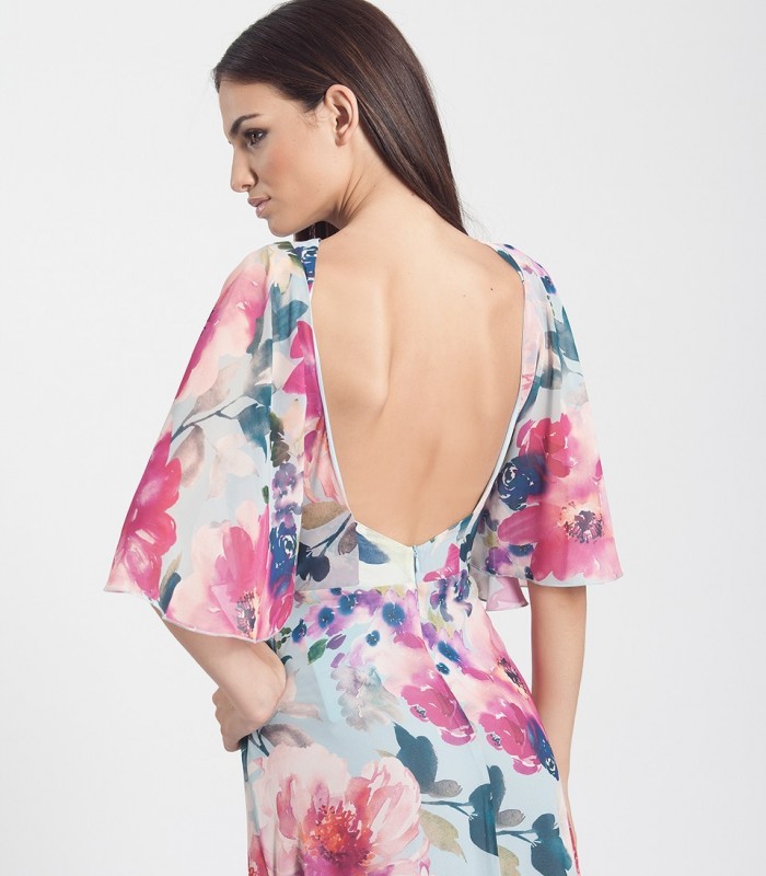 Long printed dress with opening and open back