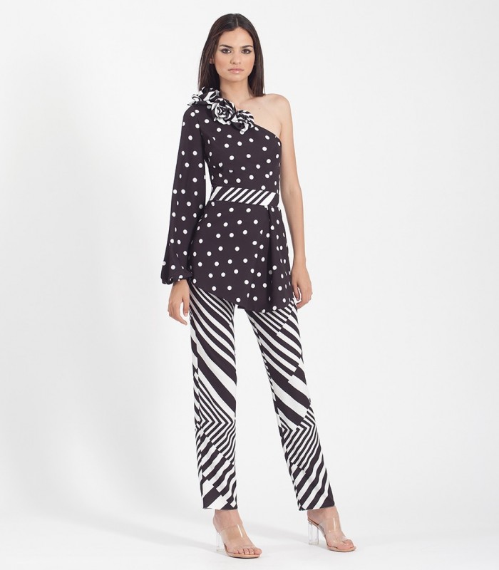 Set of asymmetric polka dot blouse and striped pants