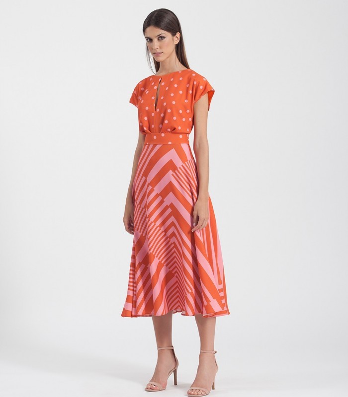 Printed midi dress with neckline opening and short sleeves