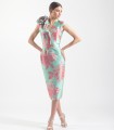 Jackard midi tube dress with print and flower on the shoulder