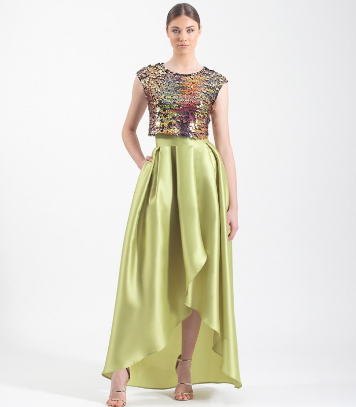 Set of sequined top and asymmetric mikado skirt