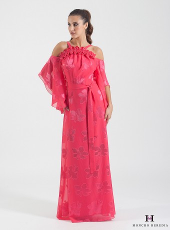 Chiffon long dress with flower print and Halter neckline