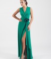 Chiffon crepe long dress with crossover neckline and sleeveless pleats