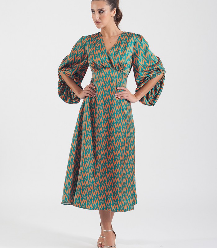 Printed satin midi dress with crossover neckline and gigot sleeves