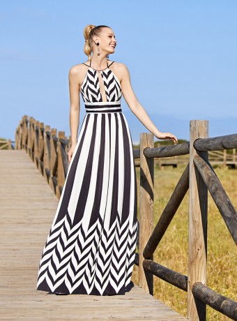 Halter Neckline Open Back Striped Pattern Maxi Dress