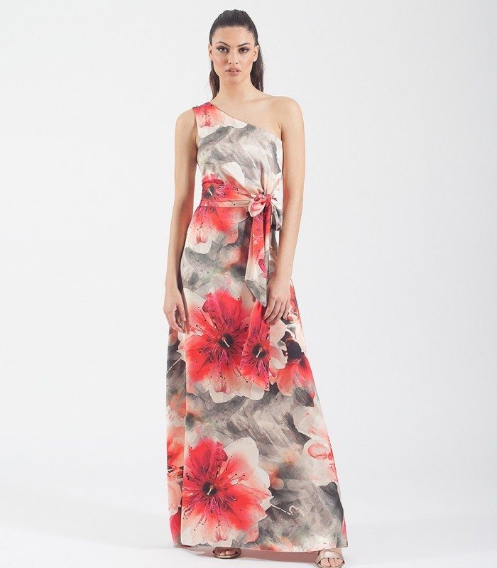 Long printed satin dress with asymmetrical neckline and bow