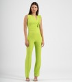 Long, straight crepe jumpsuit with asymmetrical neckline and pleated fringes