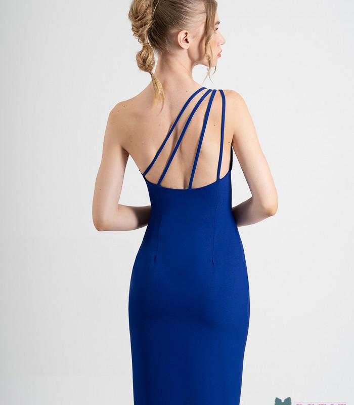 Long tube dress with asymmetrical strappy neckline and slit