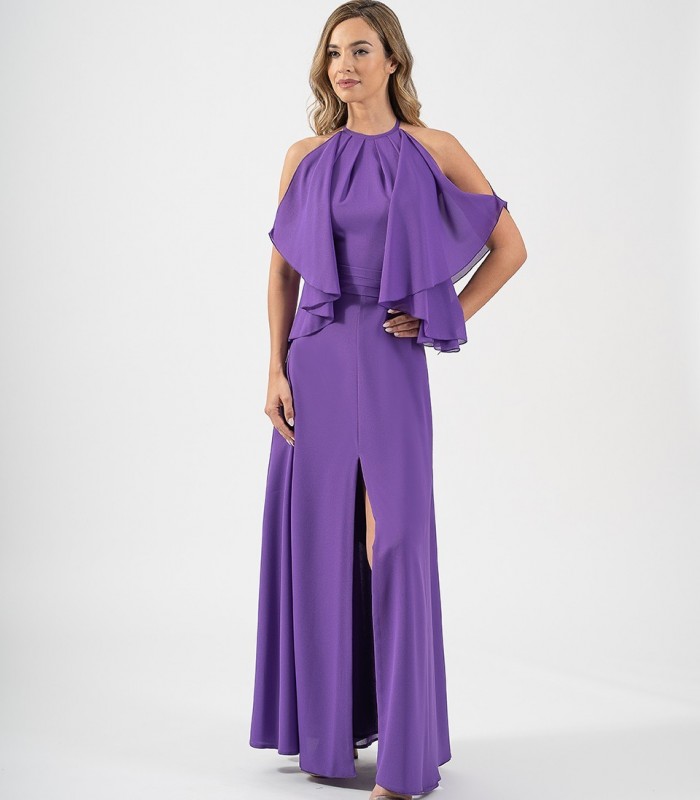 Long crepe dress with pleated Halter neckline and off the shoulders
